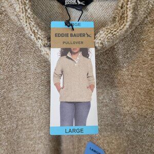 Eddie Bauer Women Large Beige 1/4 Button Pullover Sweater NWT $74.99 NEW Pumice